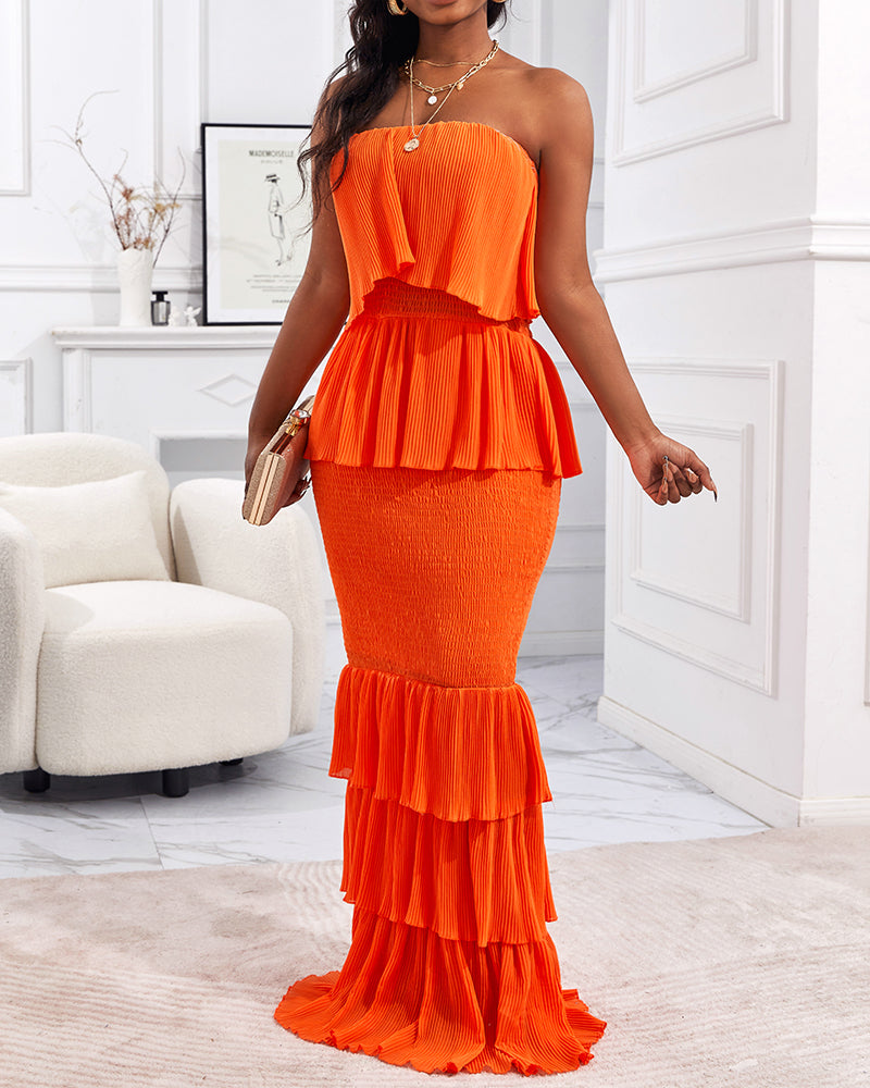 Layered Ruffle Shirred Strapless Maxi Party Dress, Slim Fit