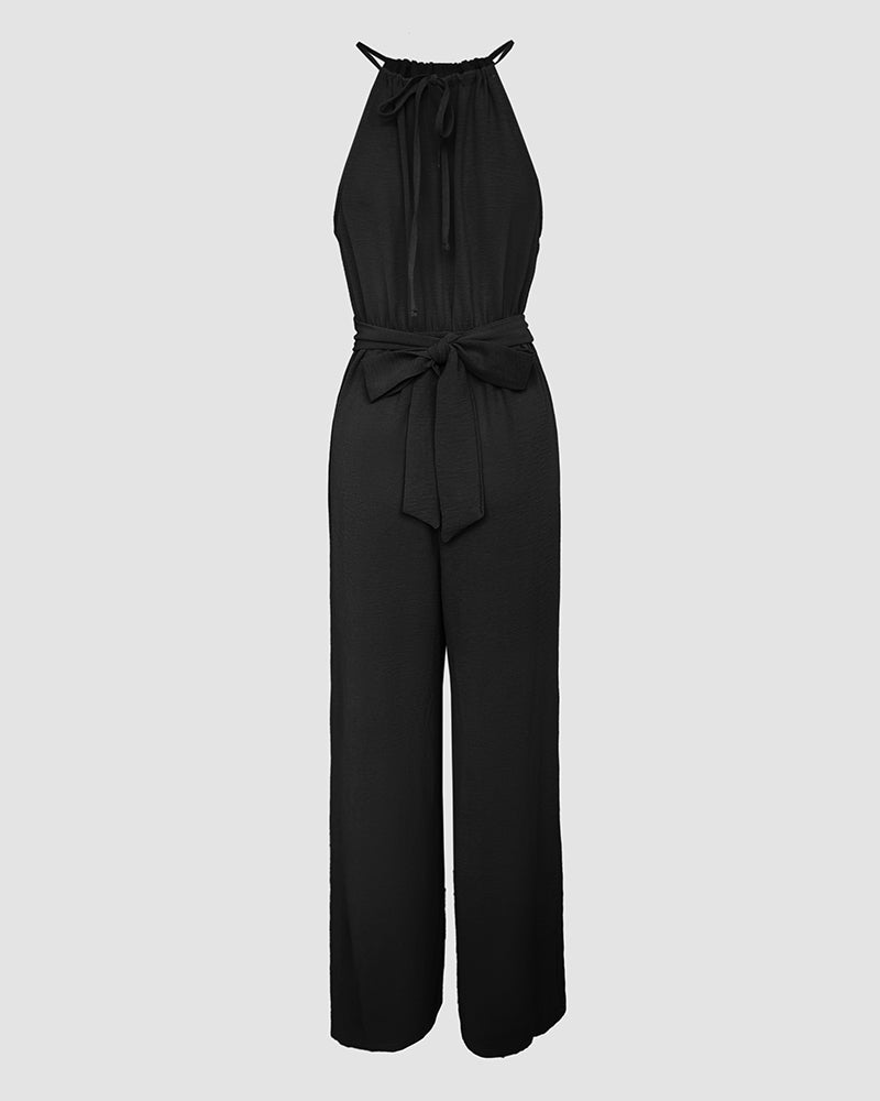 Sleeveless Halter Jumpsuit with Lace-Up Design and Ruched Waist