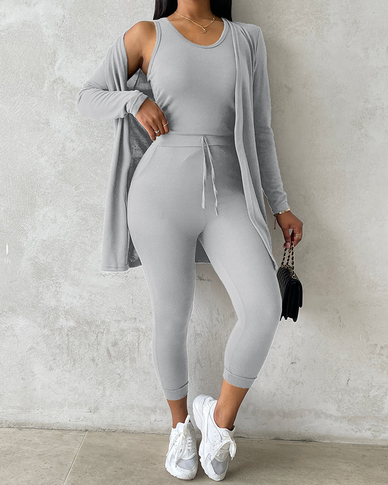 KOAD'CLO 3-Piece Lounge Set with tank top, long sleeve coat, and pants.