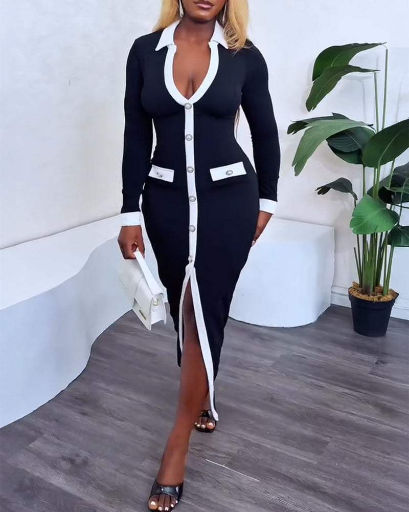 Pearls Button Slim Fit Contrast Panel Slit Front Dress in stylish design.