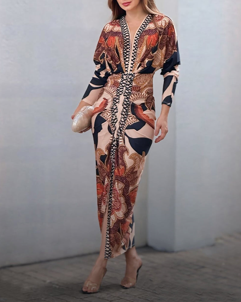 Vintage Baroque deep V-neck ruched slit bodycon long sleeve dress.