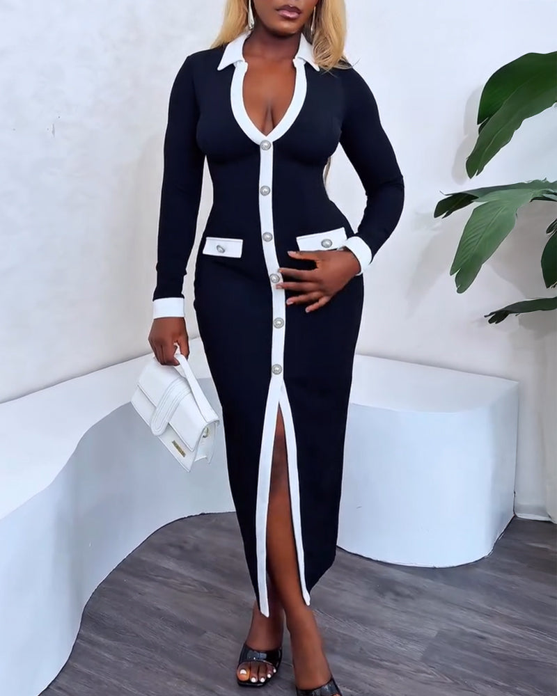 Pearls Button Slim Fit Contrast Panel Slit Front Dress is worn.