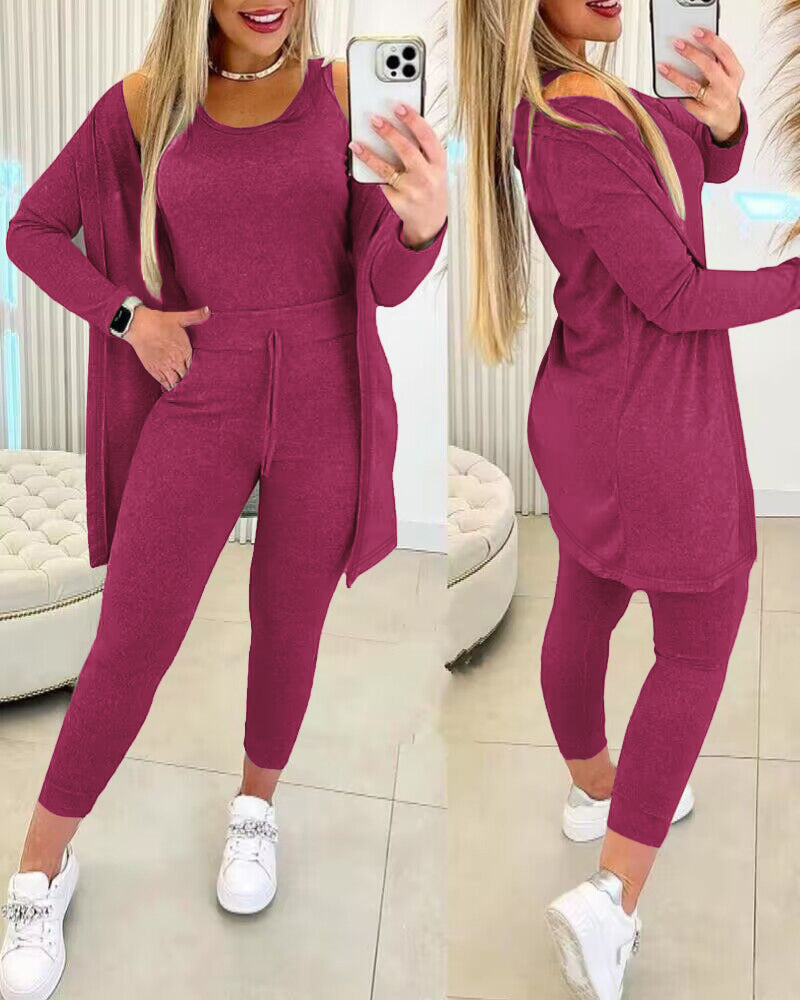 Magenta tank top, long sleeve coat, and pants from the KOAD'CLO 3-Piece Lounge Set.