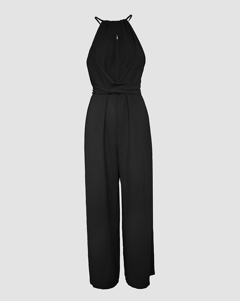 Sleeveless Halter Jumpsuit with Lace-Up Design and Ruched Waist