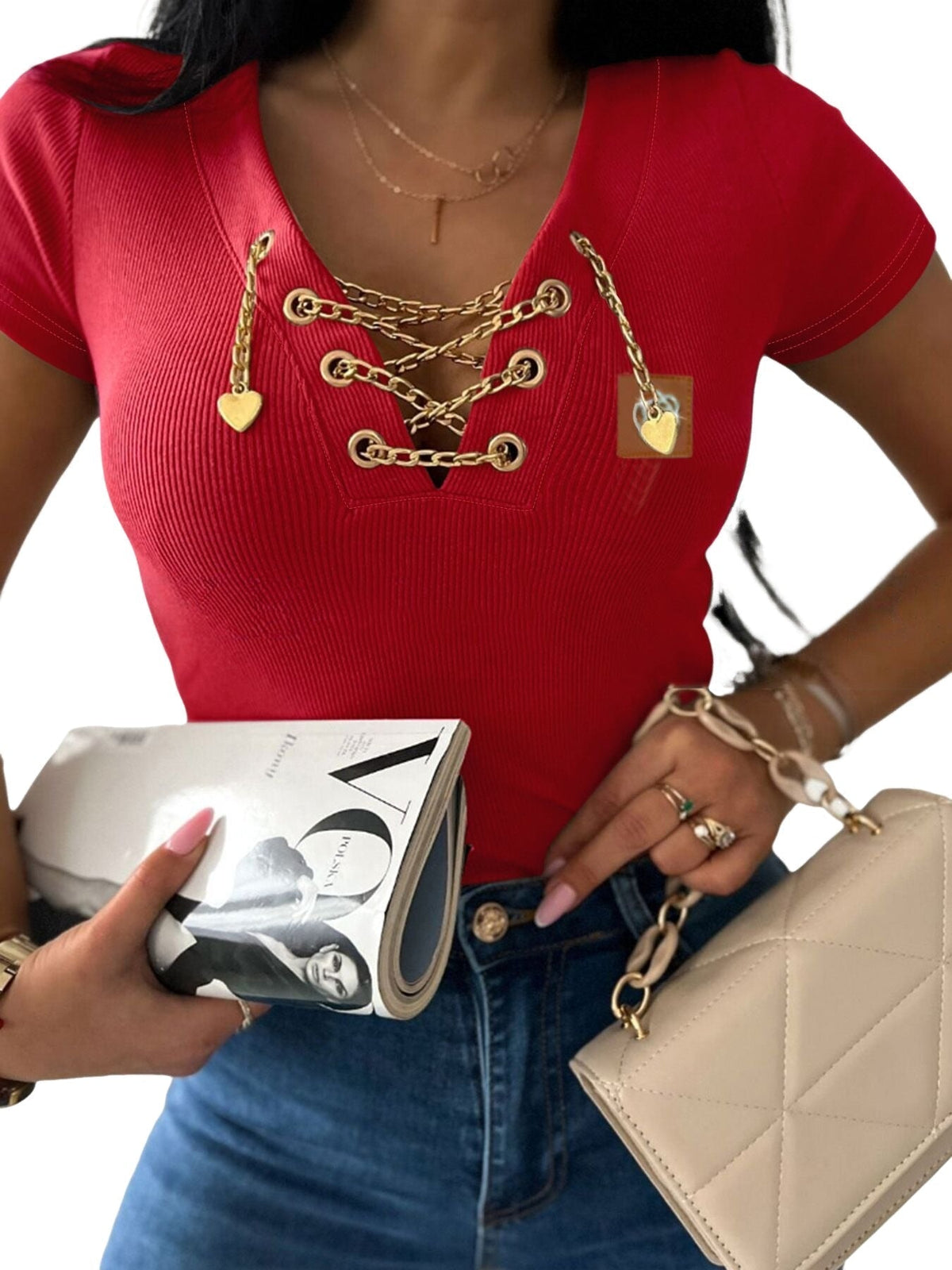 KOAD'CLO V-neck T-shirt with lace-up detail and sparkling rhinestone accents.