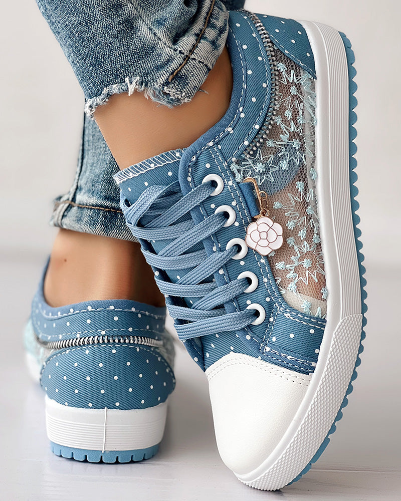 Floral Embroidered Polka Dot Print Sneakers