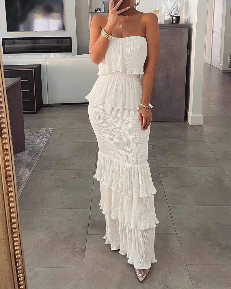 Layered Ruffle Shirred Strapless Maxi Party Dress, Slim Fit
