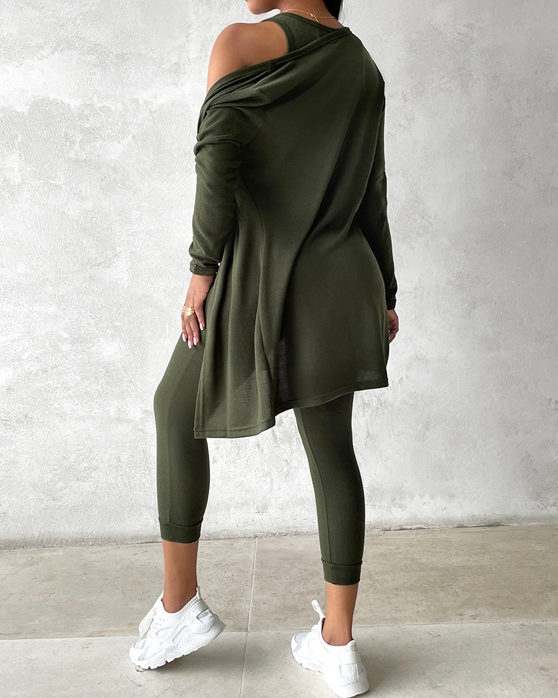 Olive green tank top, long sleeve coat, and pants from KOAD'CLO’s Lounge Set.