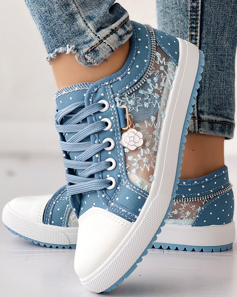 KOAD'CLO  Floral Embroidered Polka Dot Print Sneakers with light blue denim jeans.