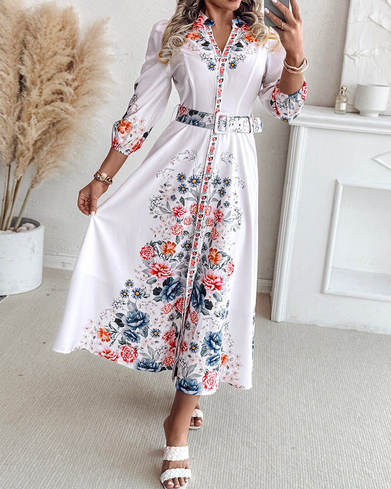  Floral V-Neck A-Line Maxi Dress with tie detail and sleeves.