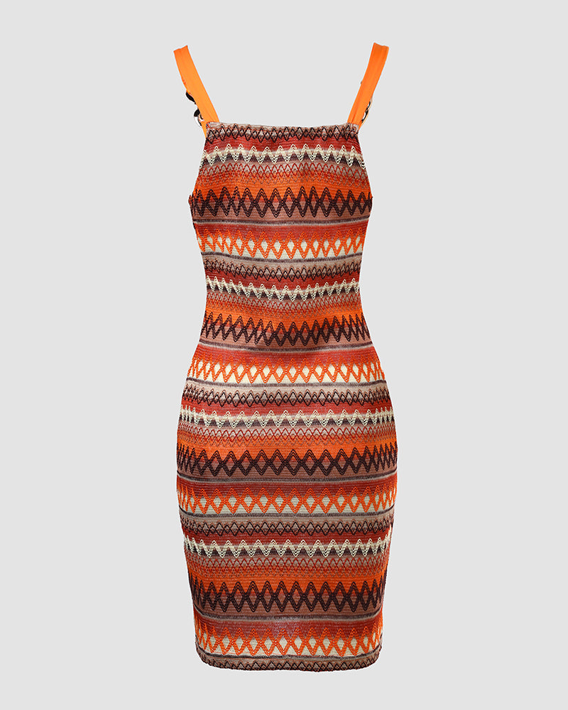 Chevron V-Neck Mini Dress with Chain Detail and Pocket Design