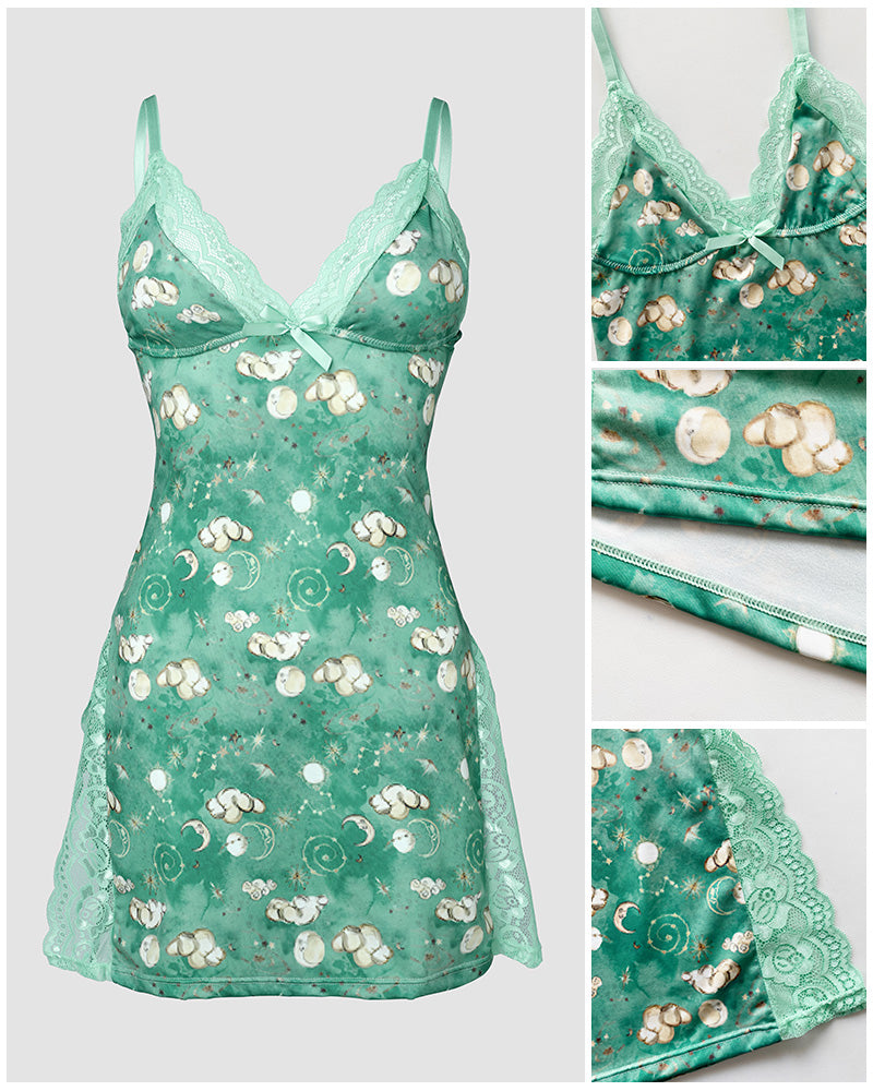 A sleep dress with graphic print, lace trim, bowknot embellishment, and detailed stitching.