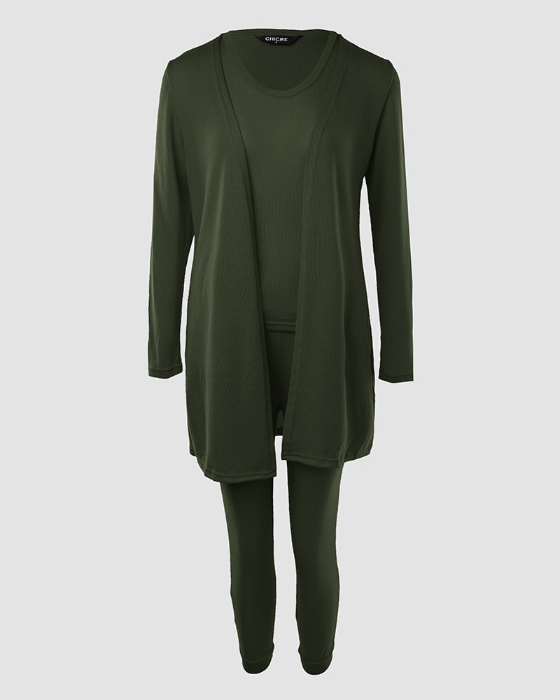 Dark green tank top, long sleeve coat, and pants from the KOAD'CLO 3-Piece Lounge Set.
