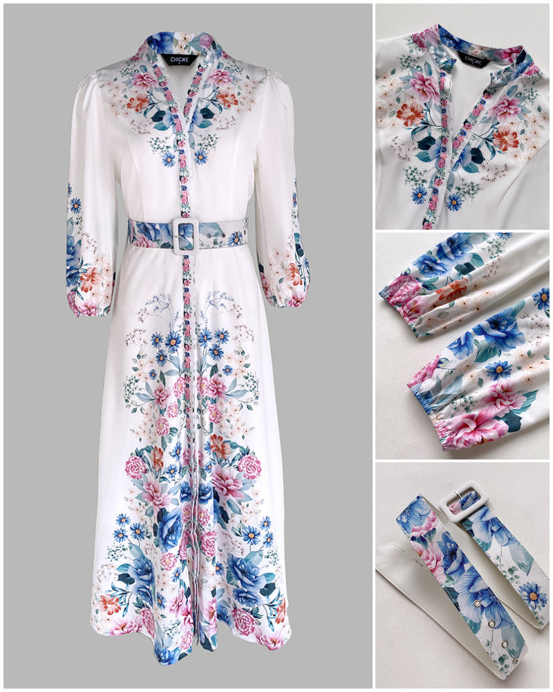 Floral V-neck A-line maxi dress with sleeves, collar, chest buttons, and tie detail.