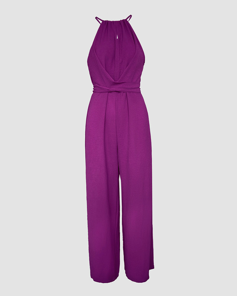 Sleeveless Halter Jumpsuit with Lace-Up Design and Ruched Waist