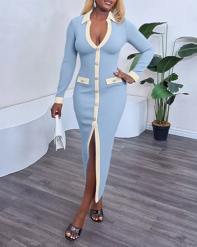 Pearls Button Slim Fit Contrast Panel Slit Front Dress.