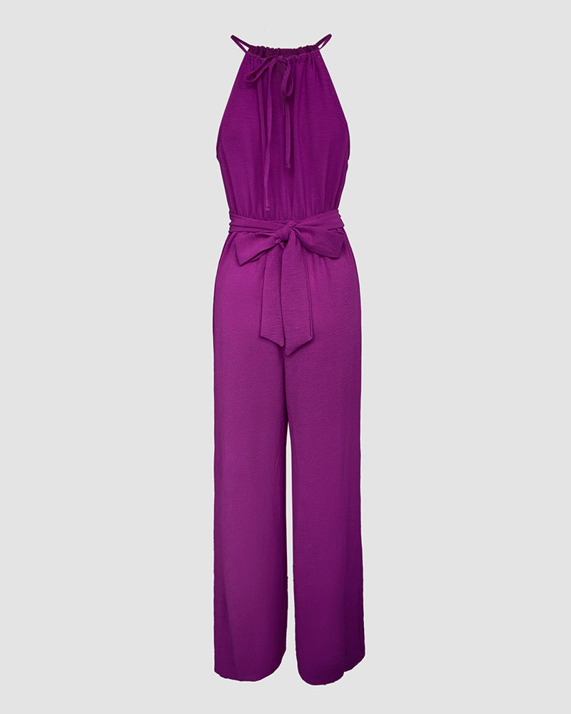Sleeveless Halter Jumpsuit with Lace-Up Design and Ruched Waist