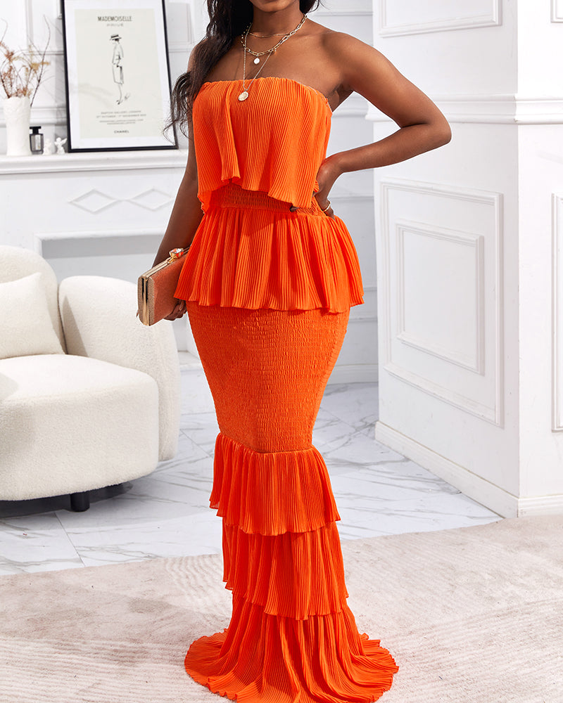 Layered Ruffle Shirred Strapless Maxi Party Dress, Slim Fit