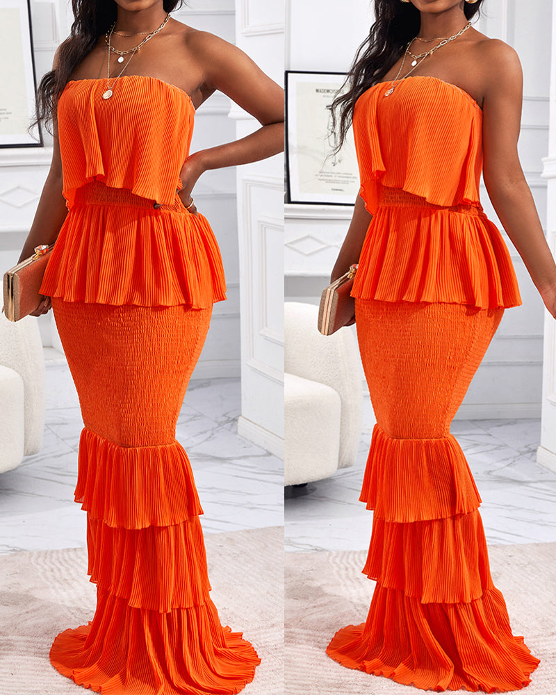 Layered Ruffle Shirred Strapless Maxi Party Dress, Slim Fit