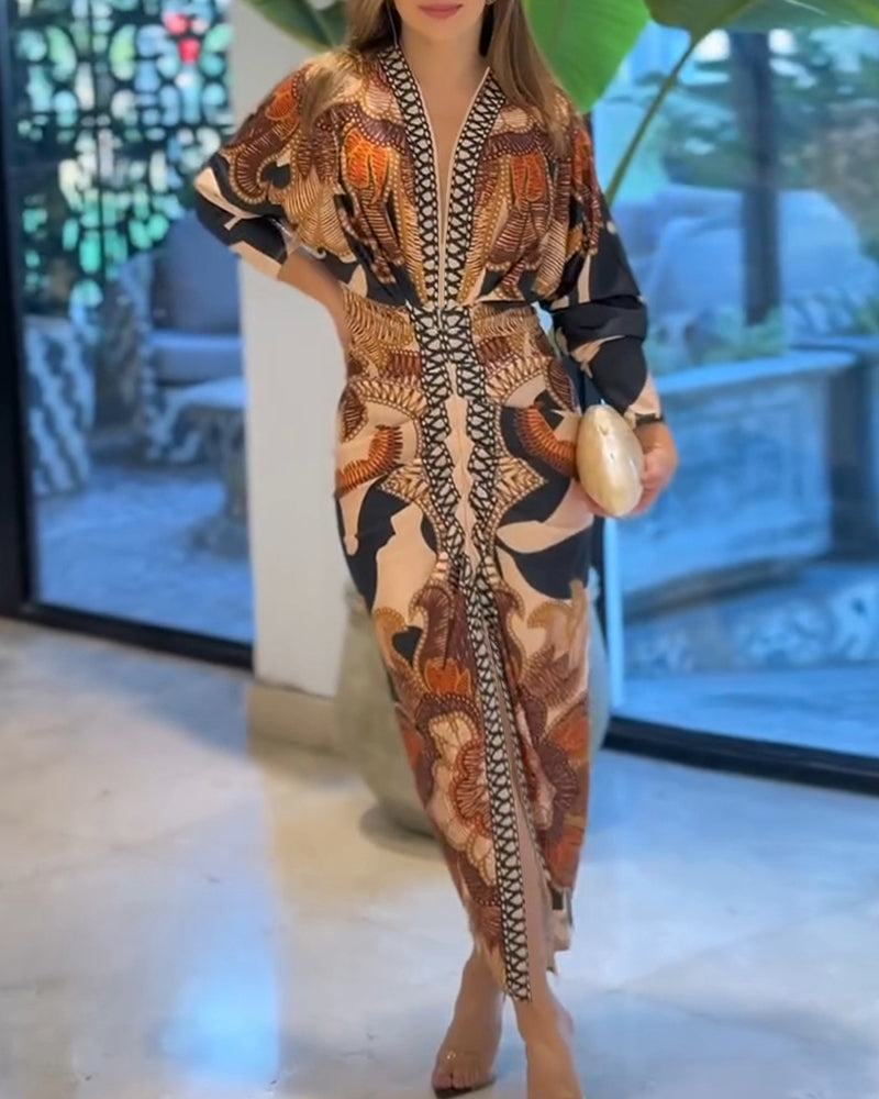 Vintage Baroque Deep V-Neck Ruched Slit Bodycon Long Sleeve Dress.