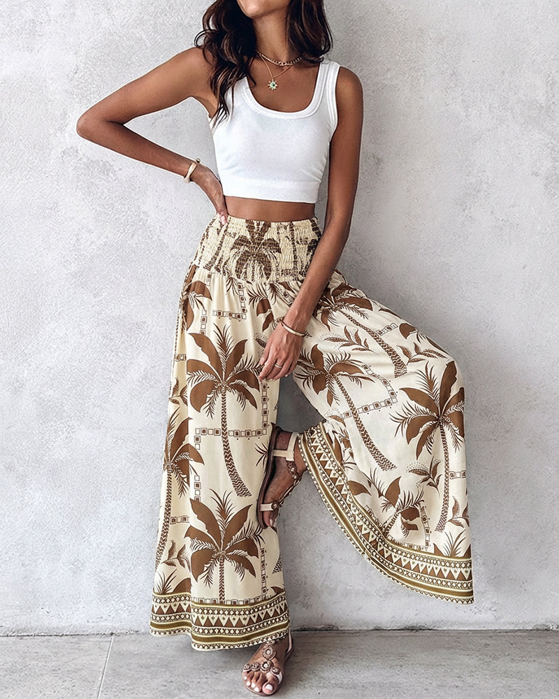 Vintage Floral High Waist Shirred Wide Leg Pants