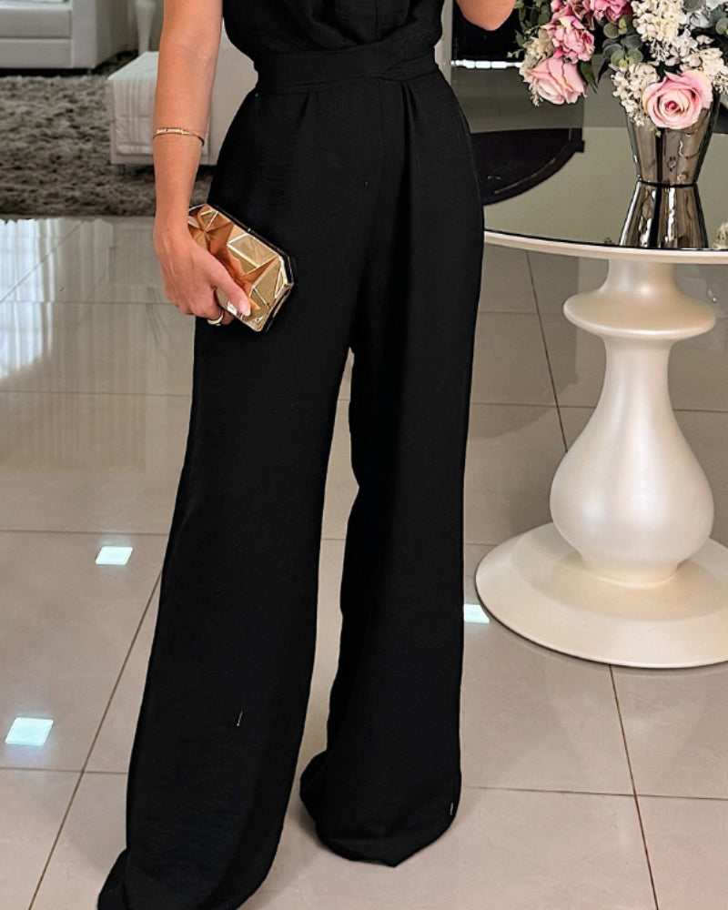 Sleeveless Halter Jumpsuit with Lace-Up Design and Ruched Waist