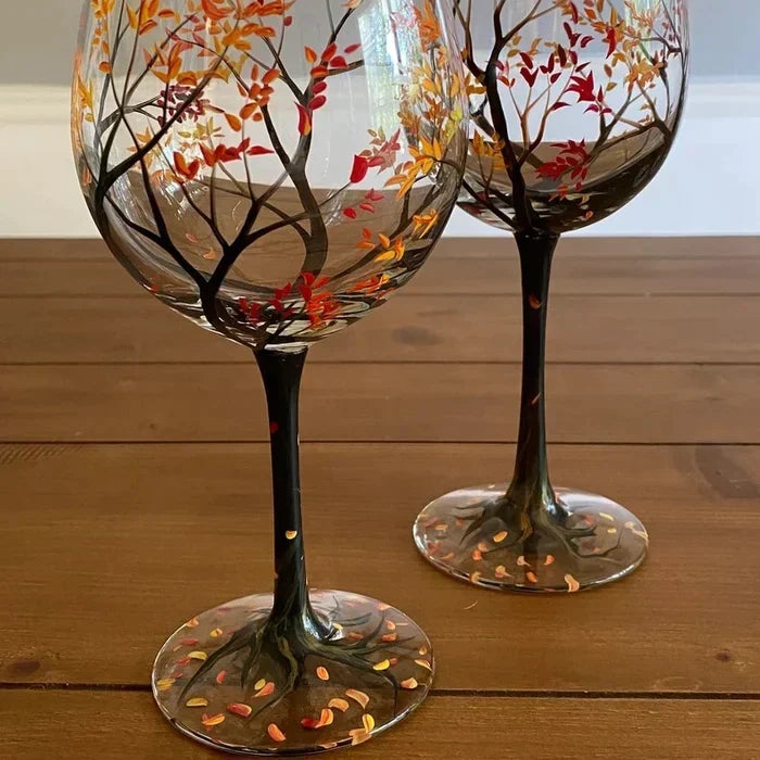 Amtn Club | Hand Painted Four Seasons Tree Wine Glasses – Unique Art Crystal Stemware Set