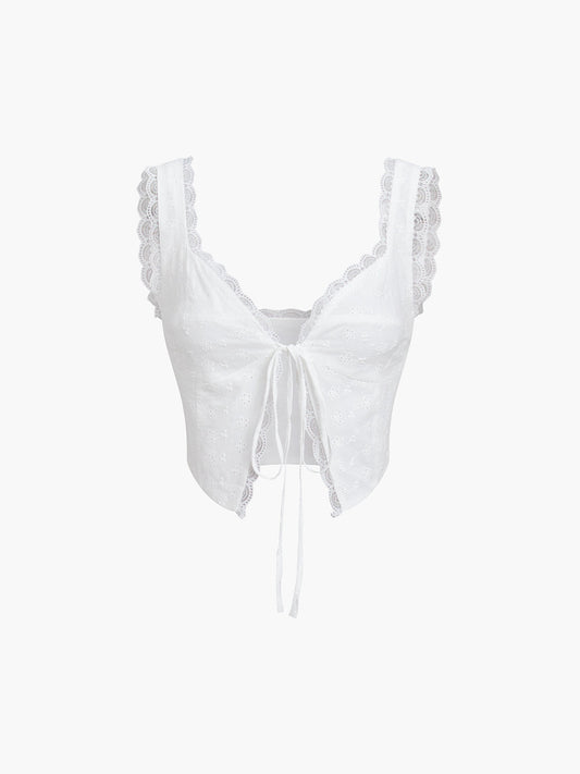 Fly Away Tie Front Eyelet Lace Trim Crop Top for Women, Summer Casual Fashion