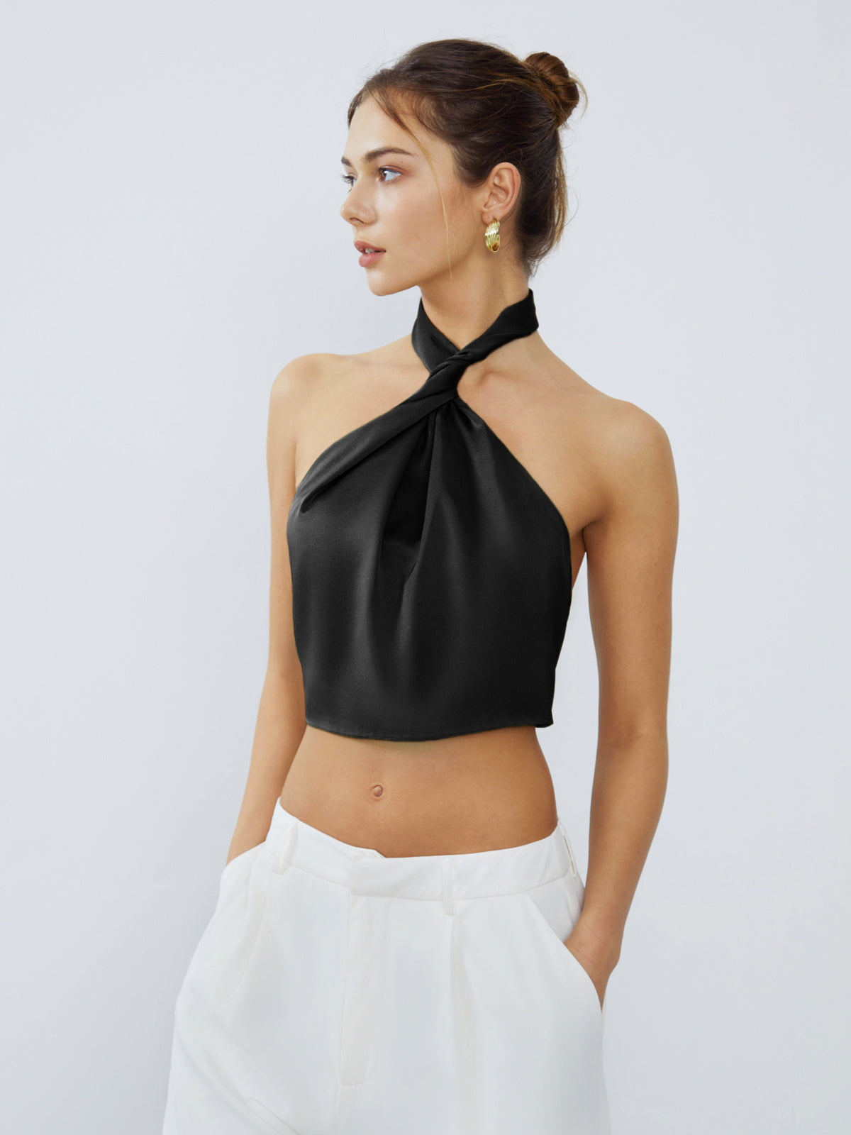 Halter Neck Twist Open Back Satin Crop Top for Women Perfect for Evening Events