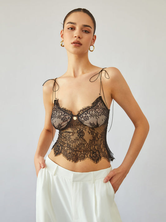 Sheer Tie Shoulder Floral Lace Cami Crop Top for Women Summer Stylish