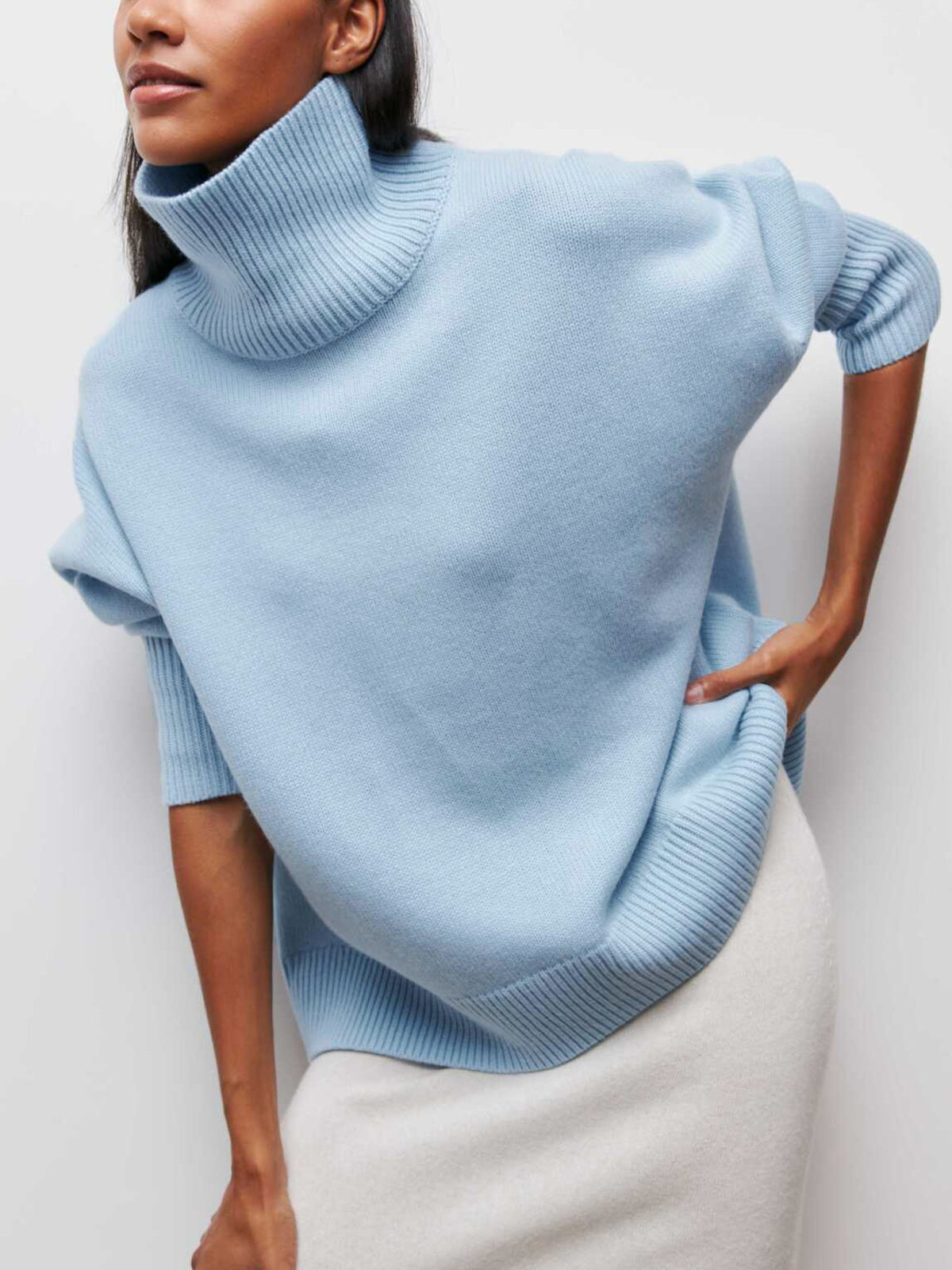 Cloudless Sky Turtleneck Oversized Sweater for Women, Cozy Knit Pullover