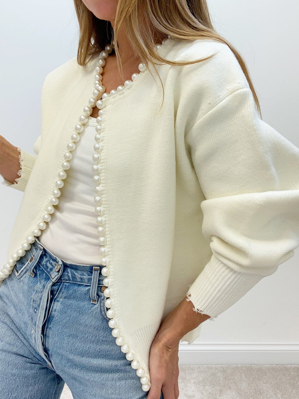 Pearl Trim Ripped Hem Cardigan Stylish Lightweight Layer
