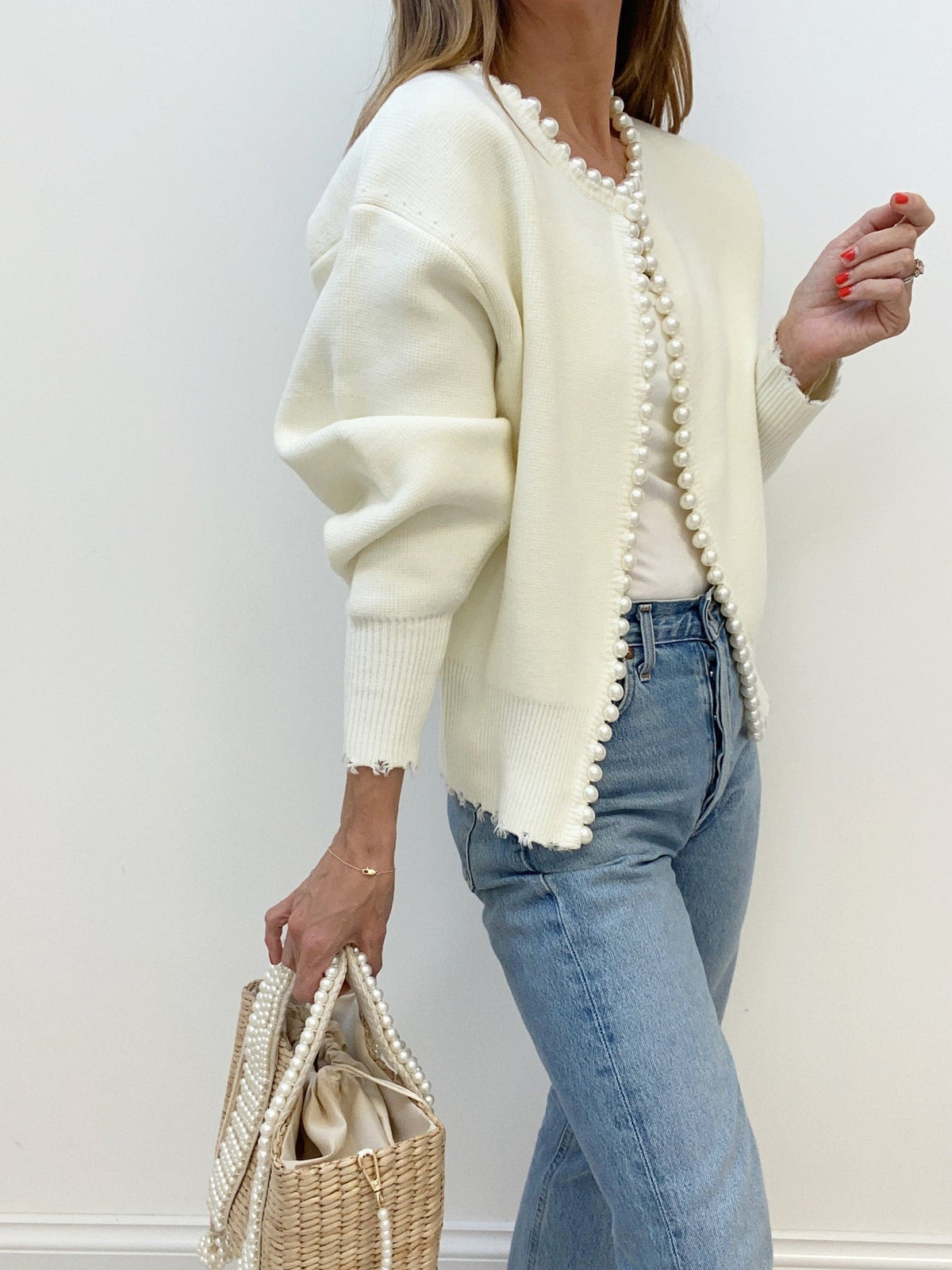 Pearl Trim Ripped Hem Cardigan Stylish Lightweight Layer