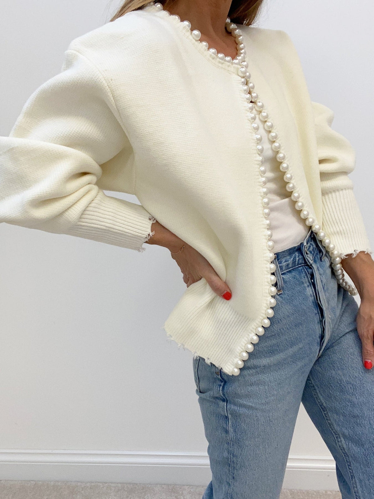 Pearl Trim Ripped Hem Cardigan Stylish Lightweight Spring Outerwear