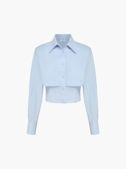 Baby Blue Open Collar Double Layer Crop Shirt for Women, Casual Summer Style
