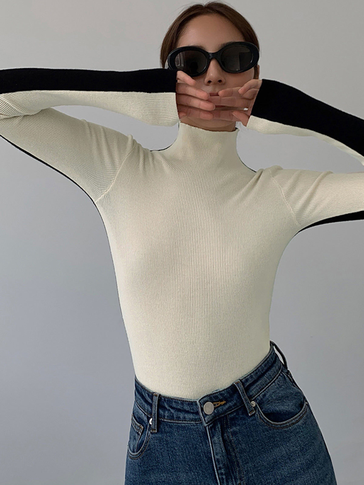 Two Tone Double Sided Long Sleeve Knit Top Women's Casual Layering