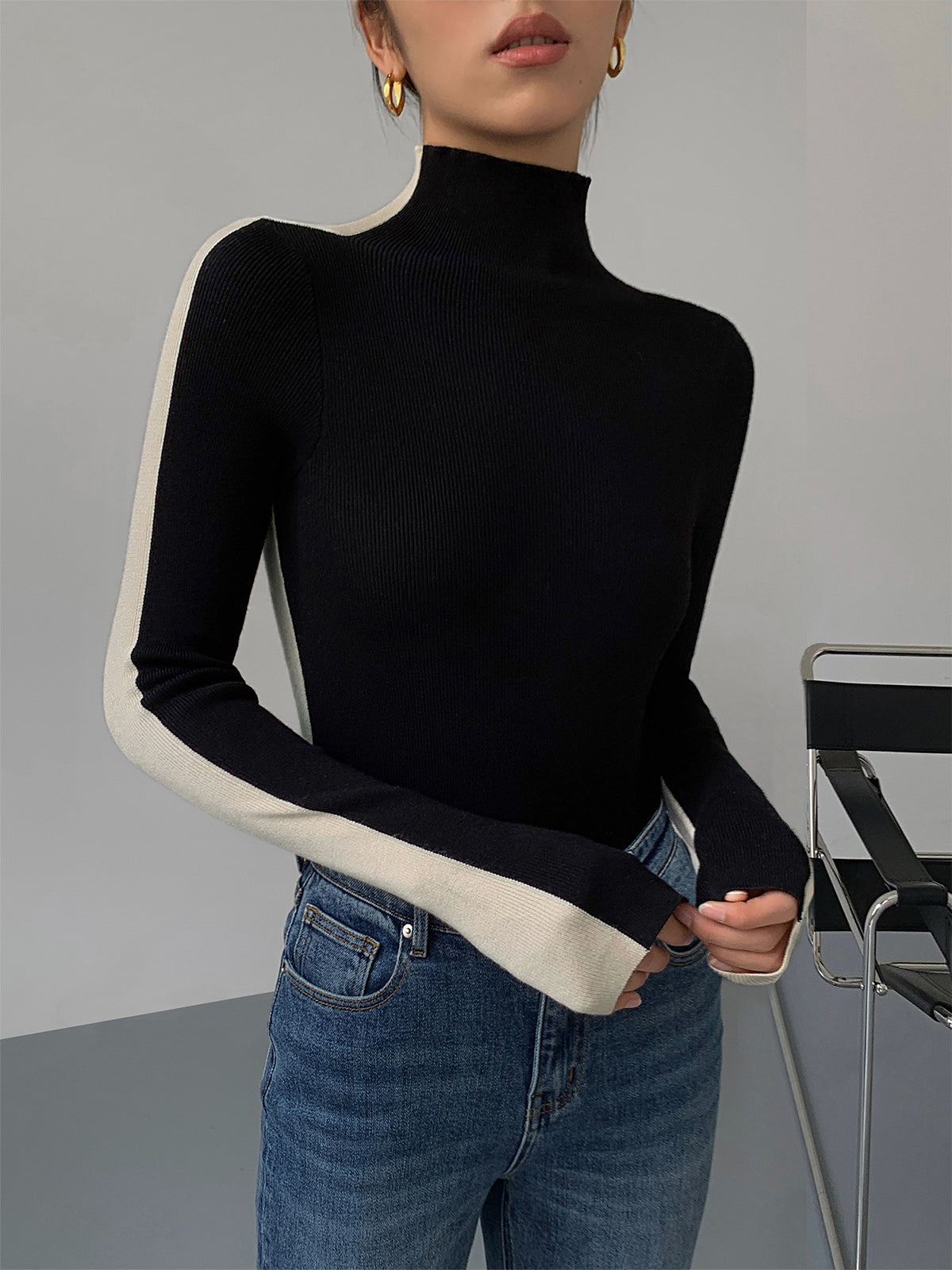 Two Tone Double Sided Long Sleeve Knit Top Women's Casual Layering