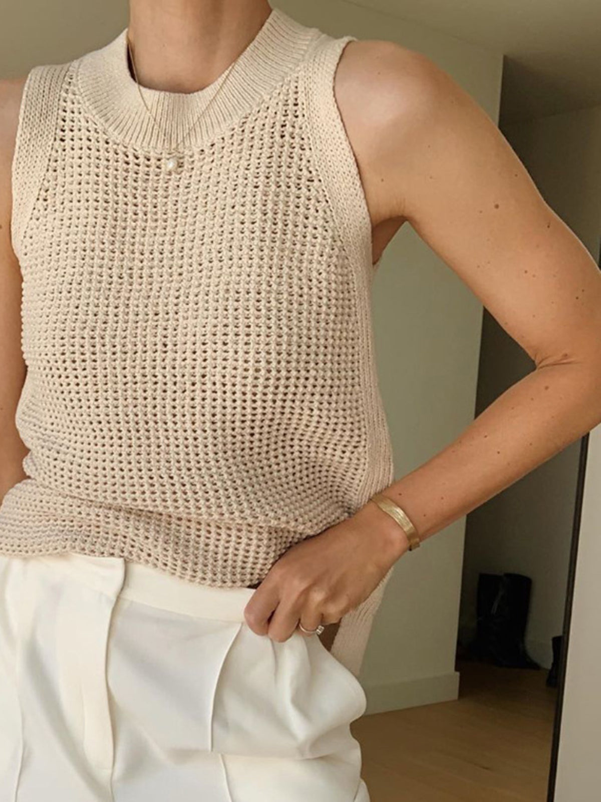 Knit Hollow Solid Sleeveless Tank Top for Women