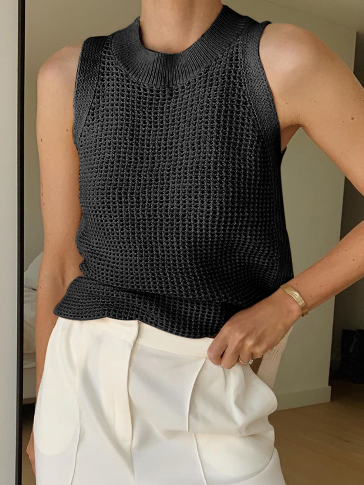 Knit Hollow Solid Sleeveless Tank Top for Women