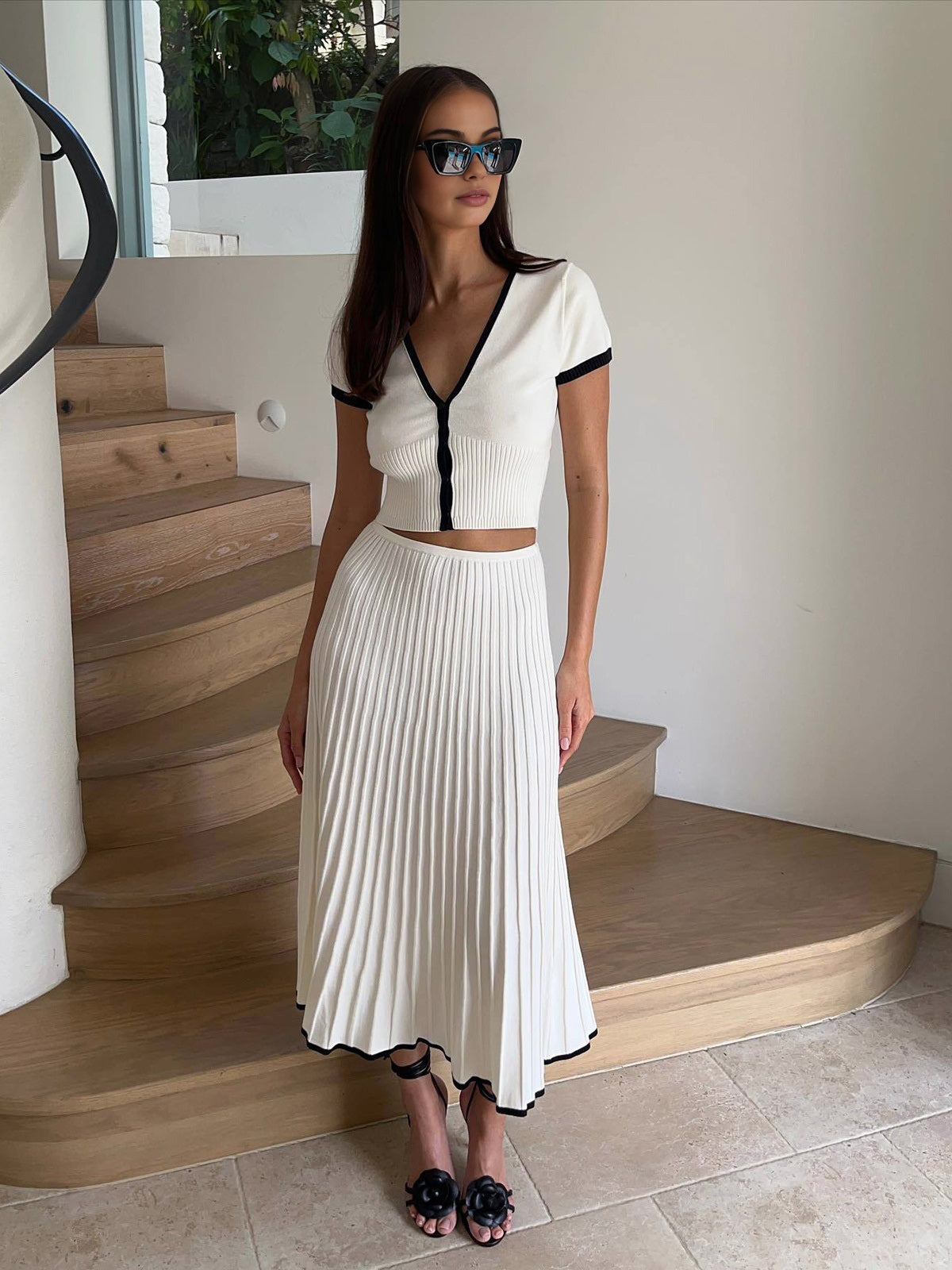 Minimalism Contrast Trim Sweater Skirt Set Cozy Knit Winter Outfit