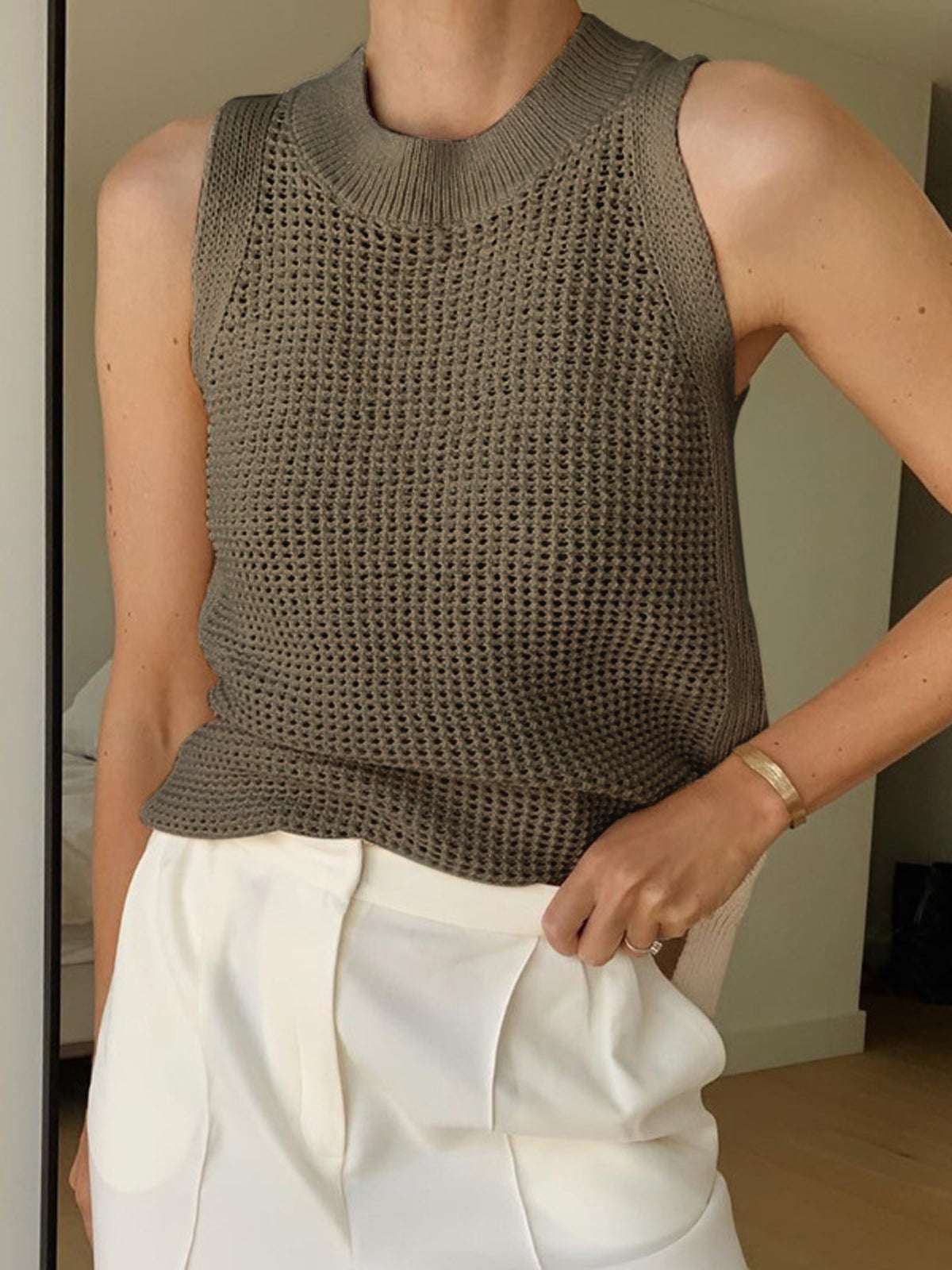 Knit Hollow Solid Sleeveless Tank Top for Women
