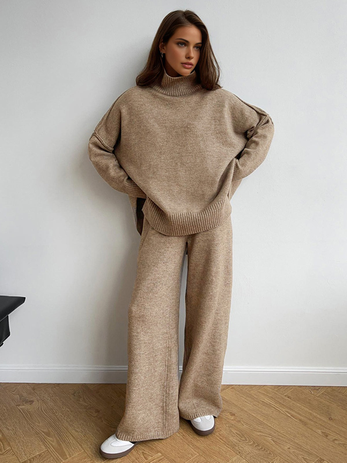 Plain Turtleneck Knit Pants Set for Women Comfortable Winter Lounge Wear