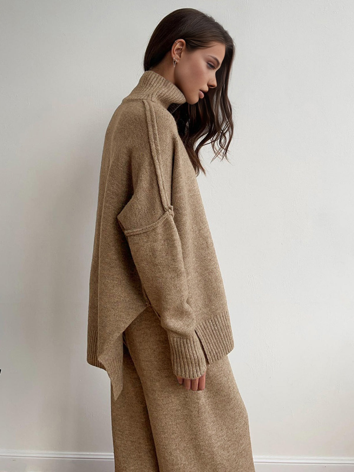 Plain Turtleneck Knit Pants Set - Cozy Winter Loungewear for Women