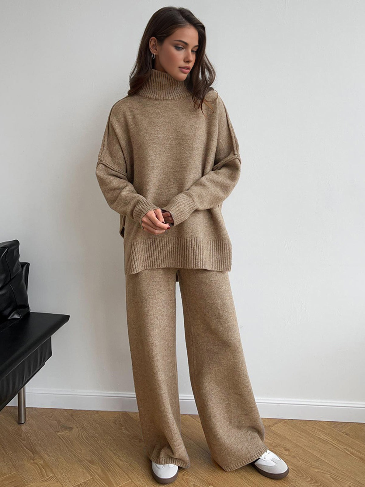 Plain Turtleneck Knit Pants Set for Women Comfortable Winter Lounge Wear