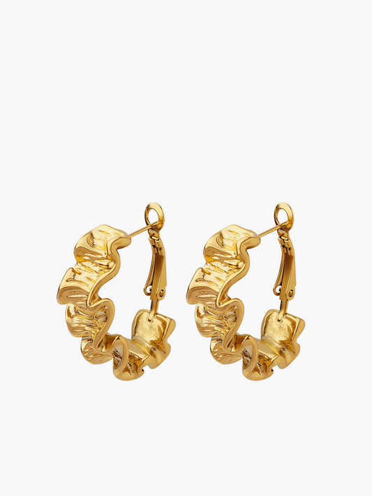 Pleated Wave Textured Hoop Earrings 18K Gold Plated Lightweight