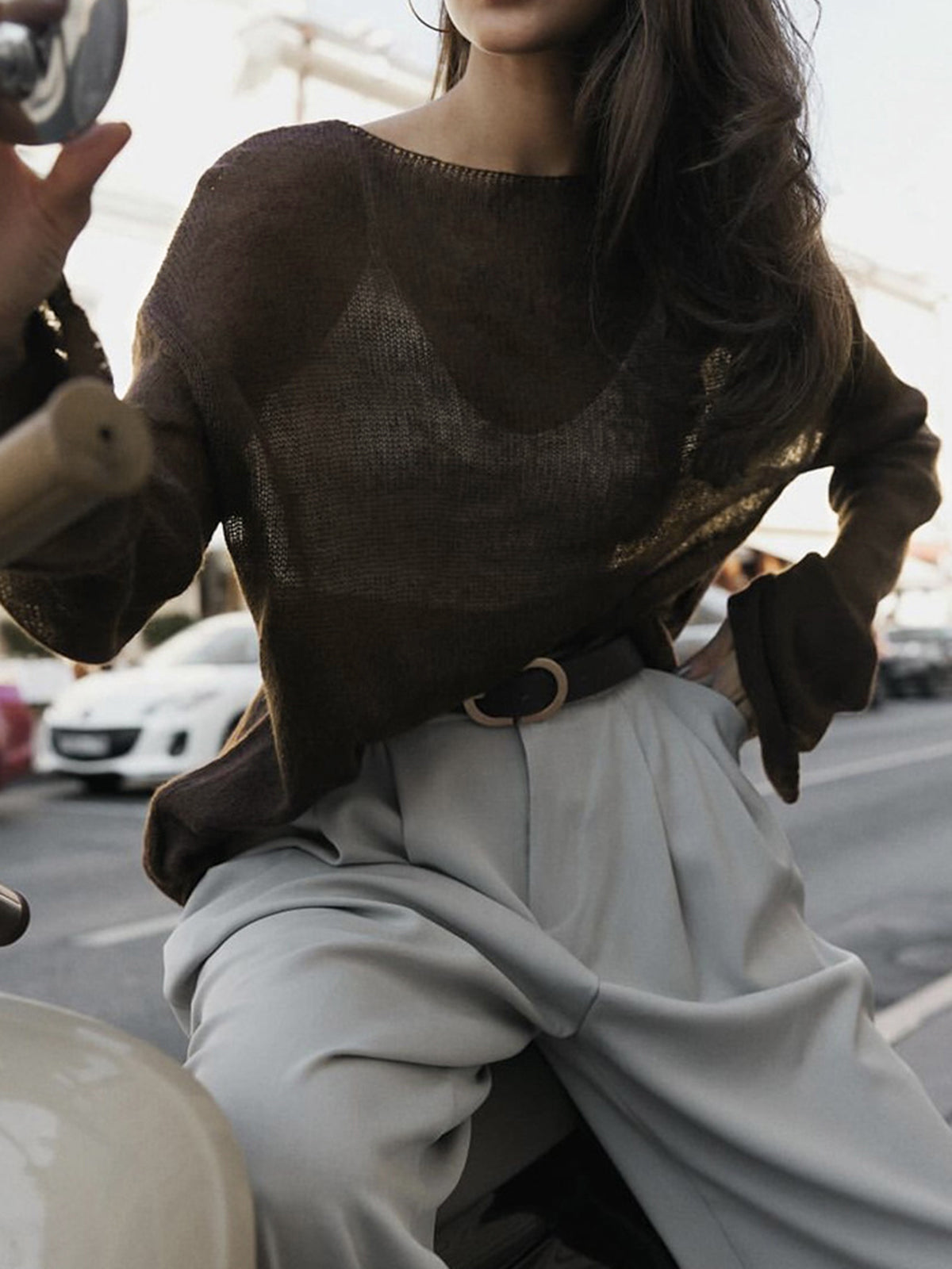 Hollow Draped Snug Knit Top Cozy Casual Women's Pullover
