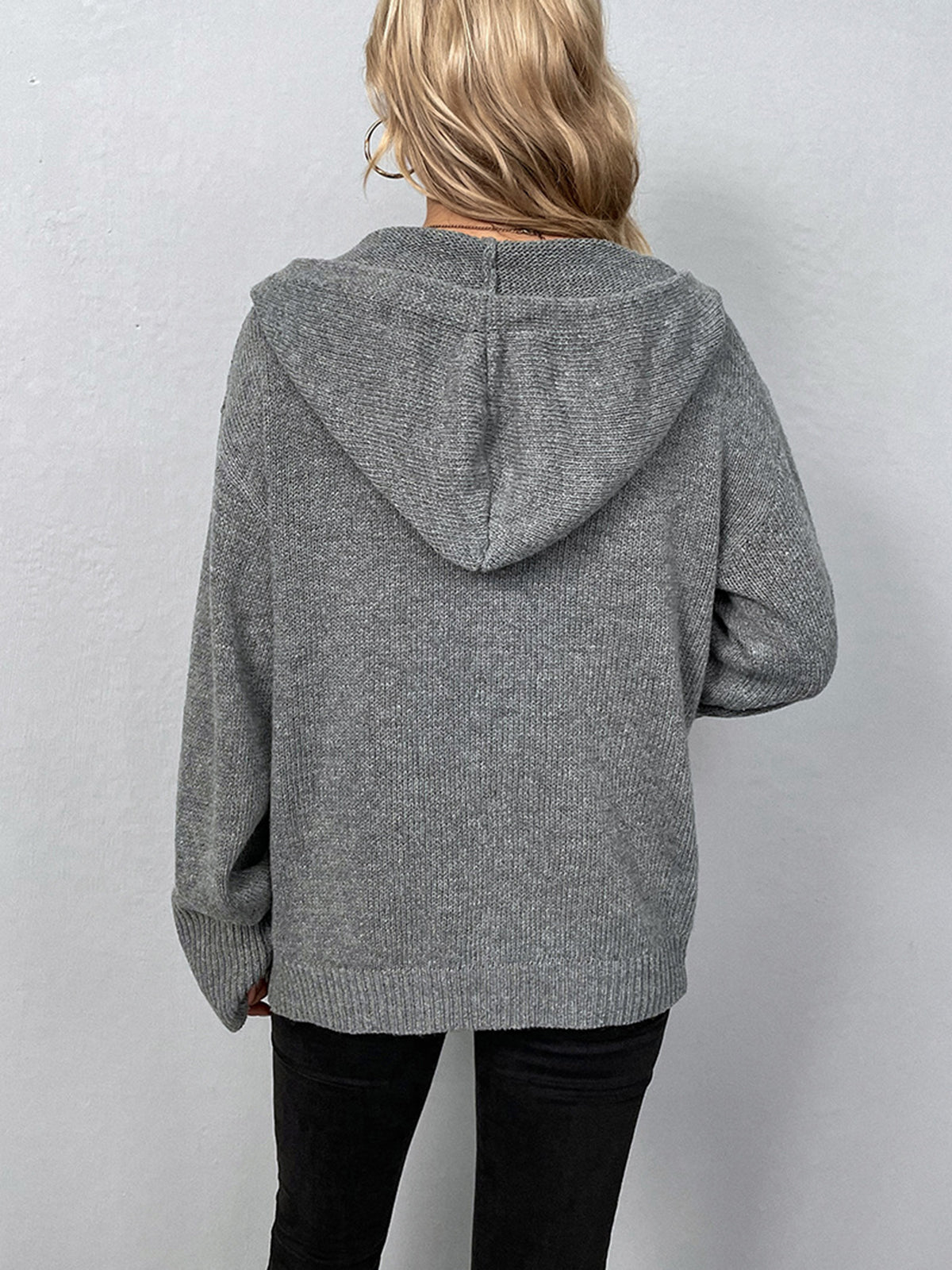 Button Drawstring Hooded Cardigan with Long Sleeves and Pockets