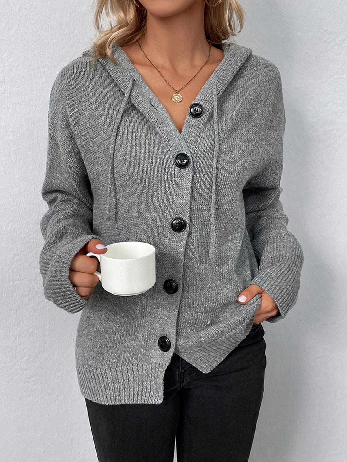 Button Drawstring Hooded Cardigan with Long Sleeves and Pockets