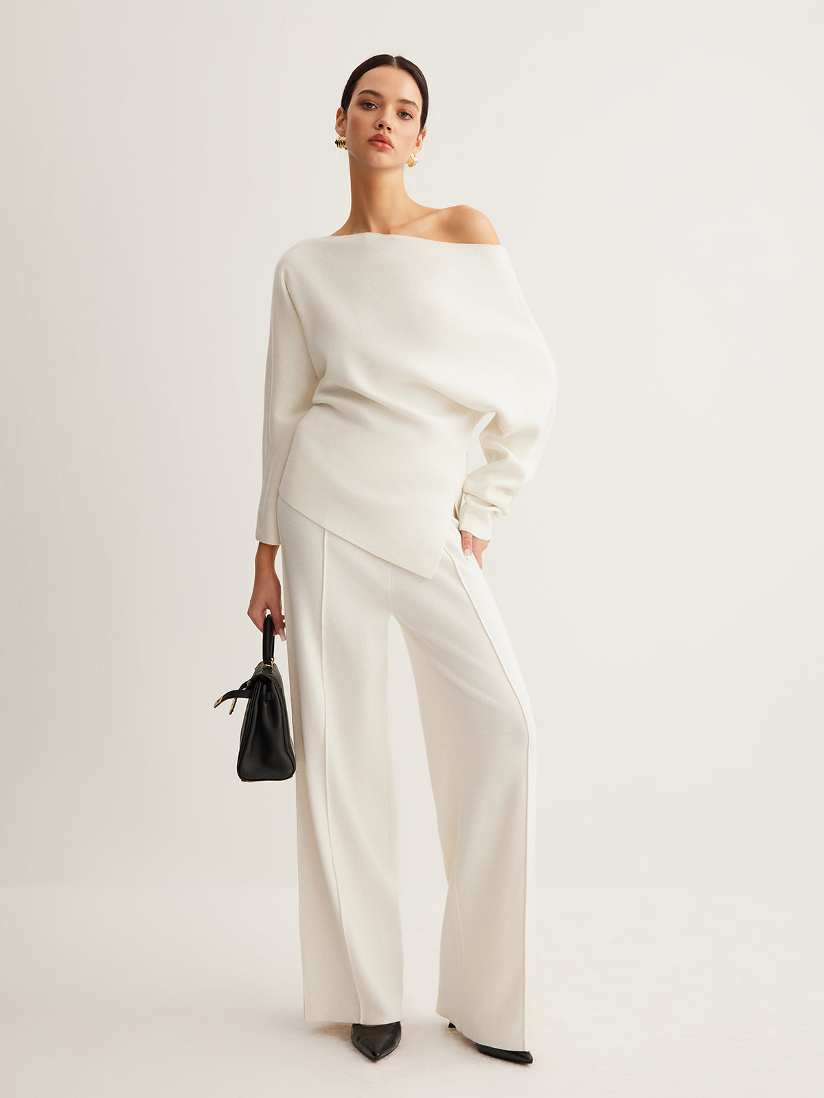Wool-Blend Asymmetrical Neck Knit Top for Women, Comfort Fit