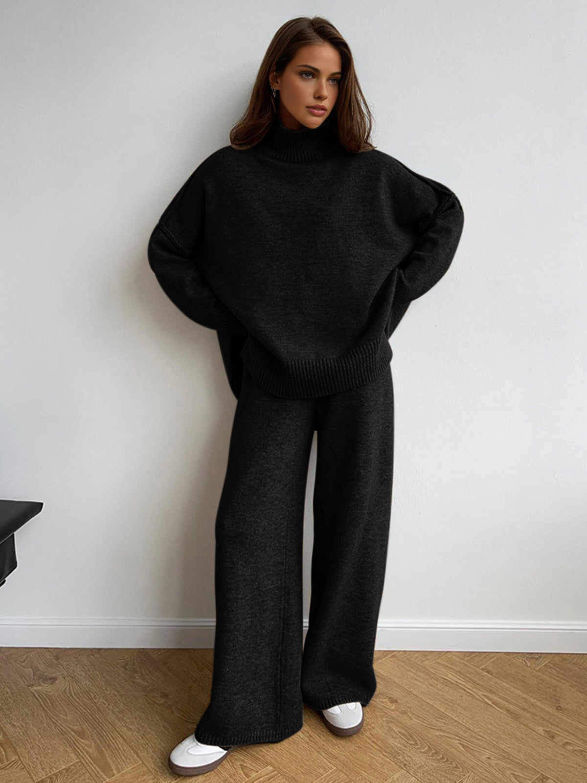 Plain Turtleneck Knit Pants Set - Cozy Winter Loungewear for Women